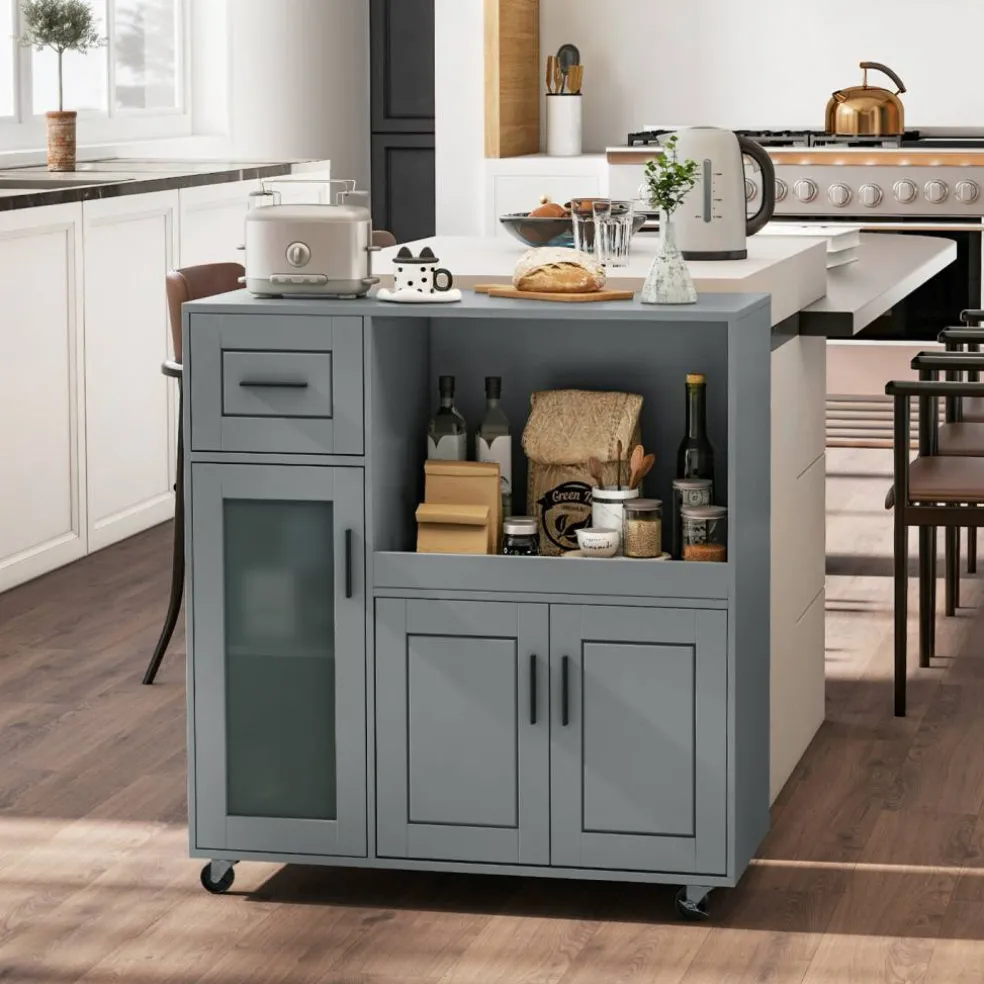 Grey Mobile Kitchen Cart with Wheels, Storage Drawer and Glass Door