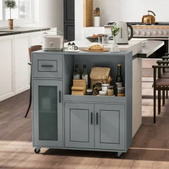 Grey Mobile Kitchen Cart with Wheels, Storage Drawer and Glass Door