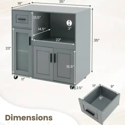 Grey Mobile Kitchen Cart with Wheels, Storage Drawer and Glass Door