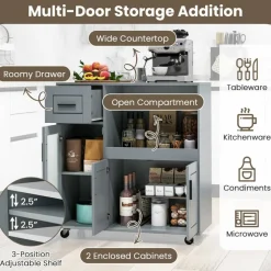 Grey Mobile Kitchen Cart with Wheels, Storage Drawer and Glass Door