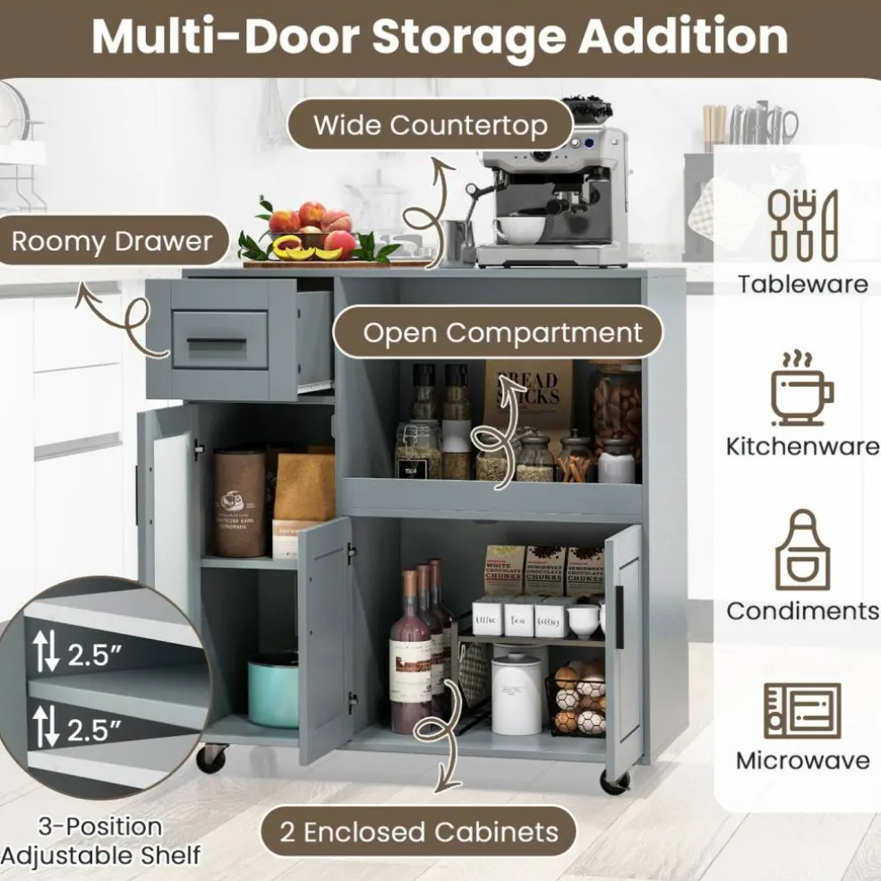 Grey Mobile Kitchen Cart with Wheels, Storage Drawer and Glass Door