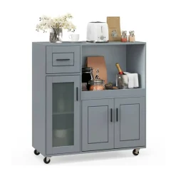 Grey Mobile Kitchen Cart with Wheels, Storage Drawer and Glass Door