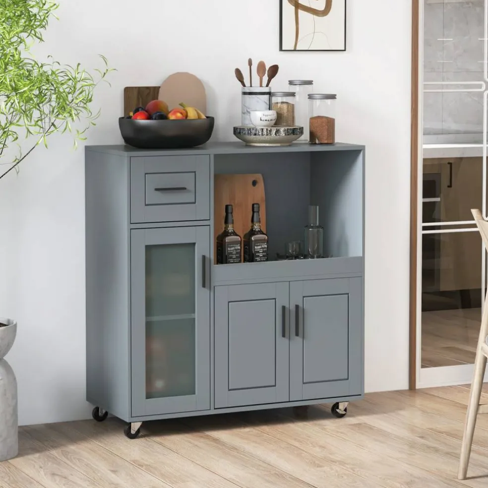Grey Mobile Kitchen Cart with Wheels, Storage Drawer and Glass Door
