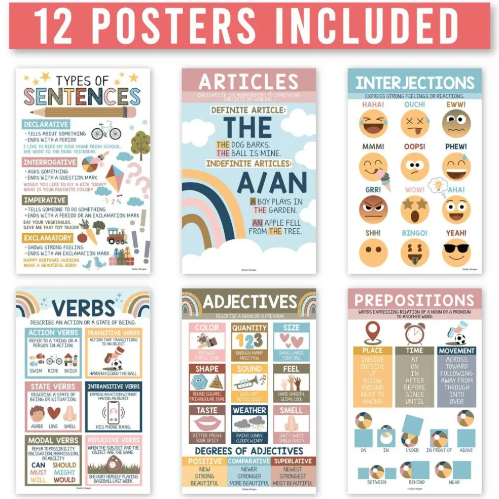 Hadley Designs 11" x 17" Boho Parts of Speech Language Arts and Grammar Laminated Posters Set