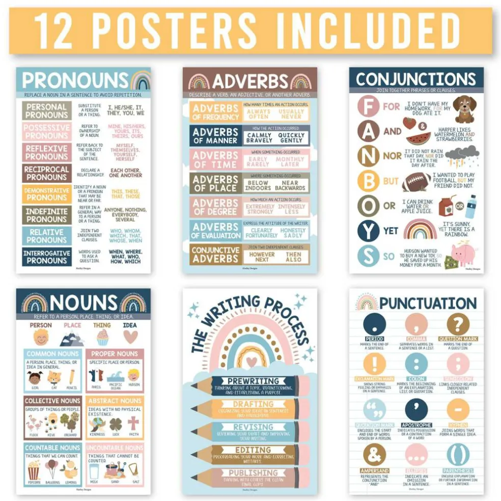 Hadley Designs 11" x 17" Boho Parts of Speech Language Arts and Grammar Laminated Posters Set