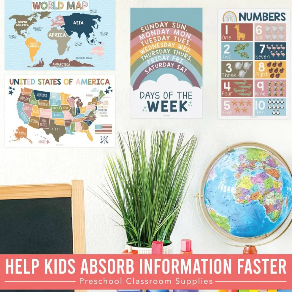 Hadley Designs 11" x 17" Boho Preschool Educational Laminated Posters for Toddlers Set