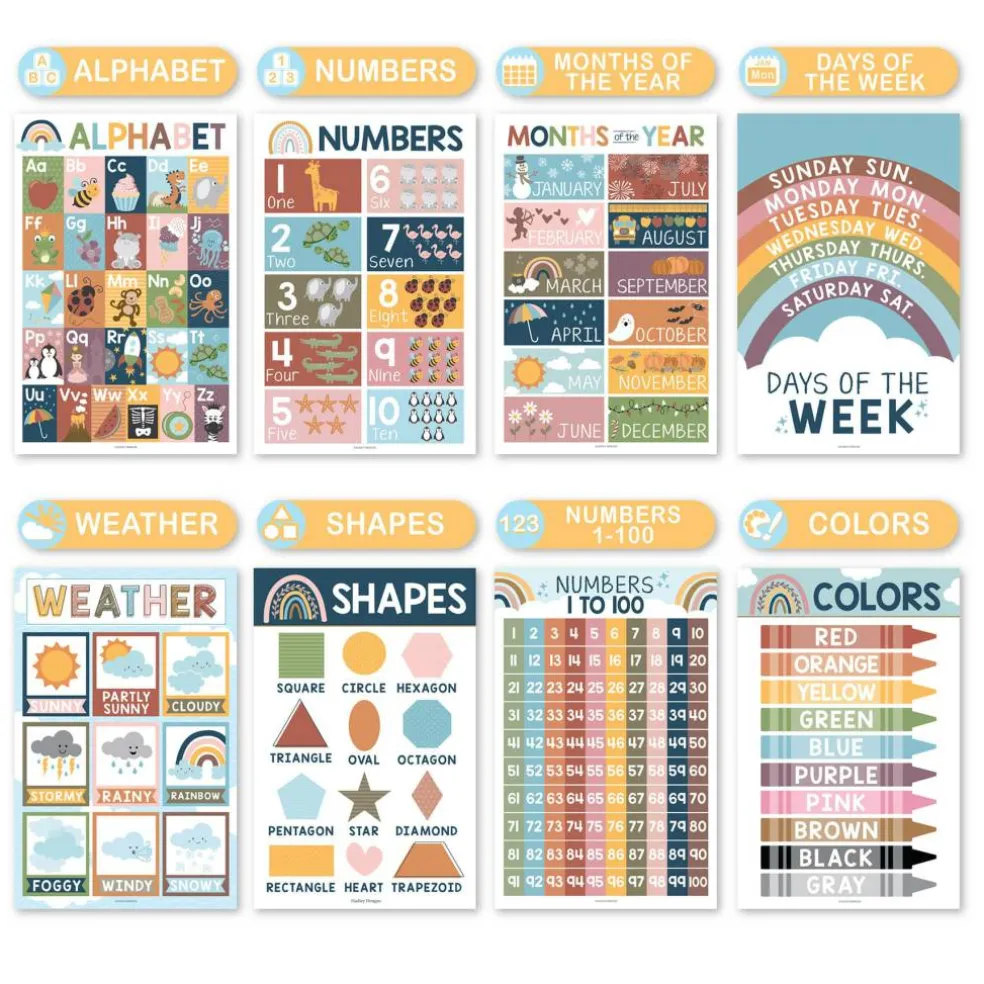 Hadley Designs 11" x 17" Boho Preschool Educational Laminated Posters for Toddlers Set