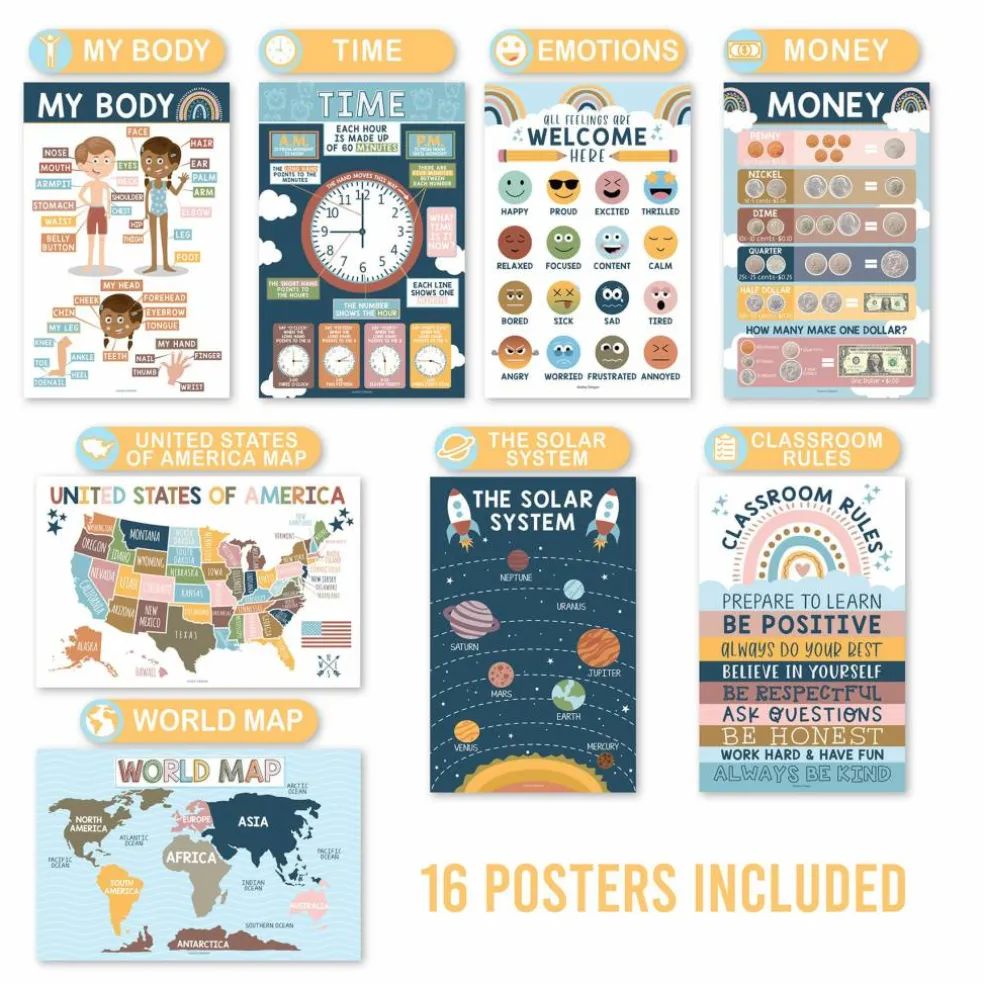 Hadley Designs 11" x 17" Boho Preschool Educational Laminated Posters for Toddlers Set