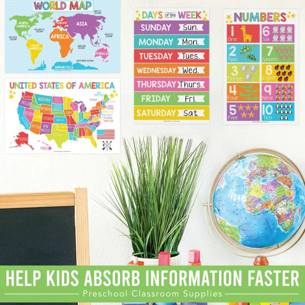 Hadley Designs 11" x 17" Colorful Preschool Educational Laminated Posters for Toddlers Set