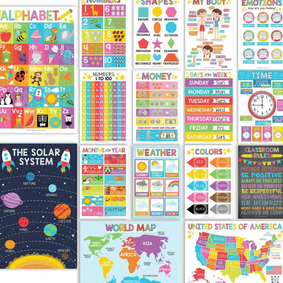 Hadley Designs 11" x 17" Colorful Preschool Educational Laminated Posters for Toddlers Set