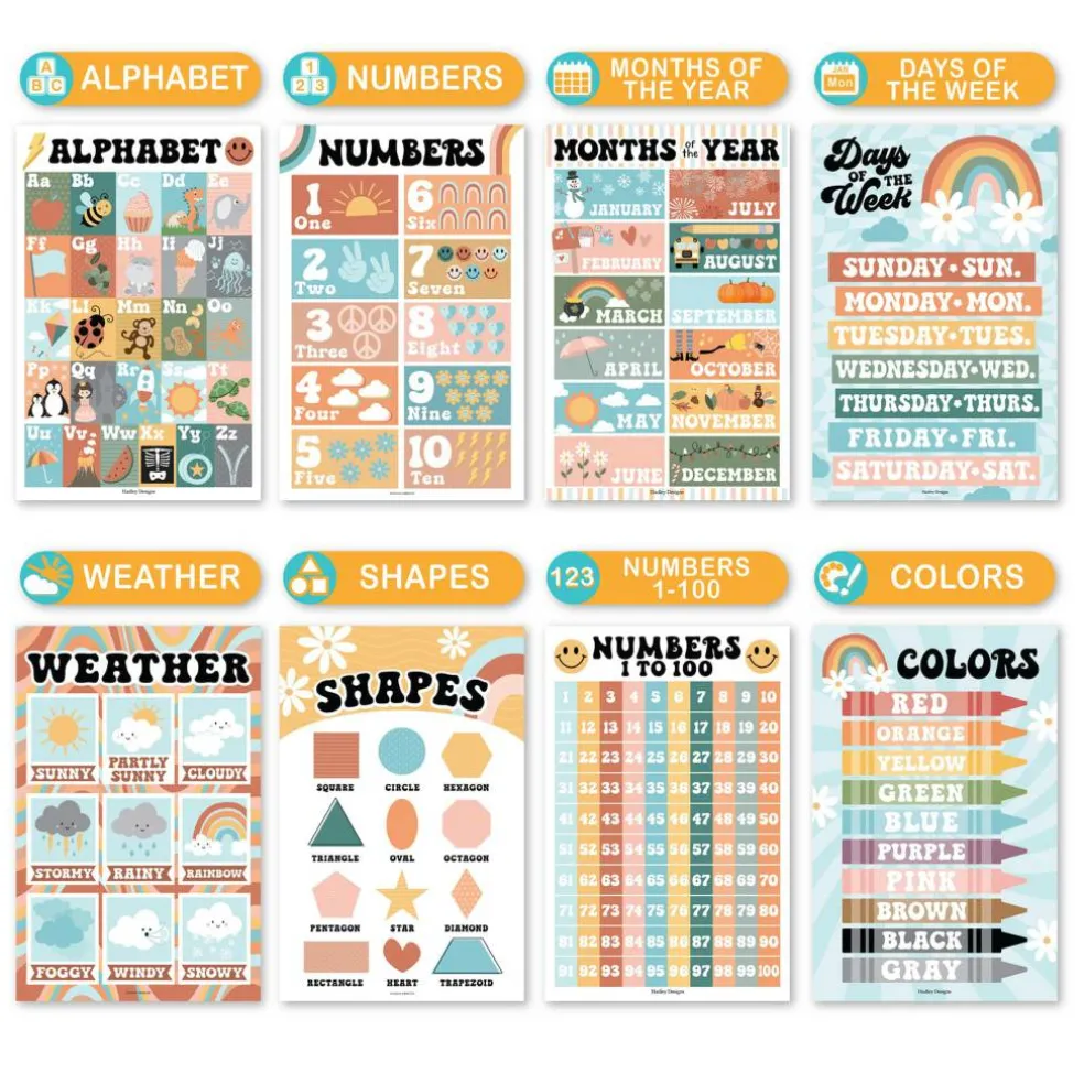 Hadley Designs 11" x 17" Designs Retro Boho Preschool Educational Laminated Posters Set
