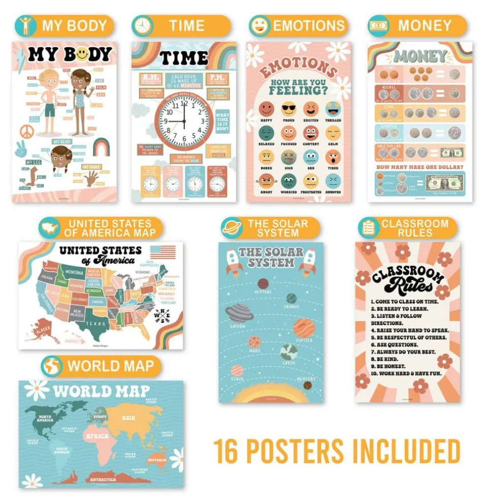 Hadley Designs 11" x 17" Designs Retro Boho Preschool Educational Laminated Posters Set