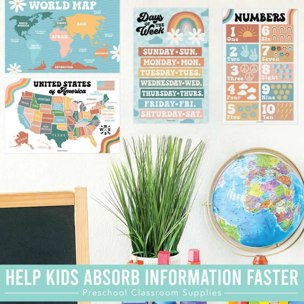 Hadley Designs 11" x 17" Designs Retro Boho Preschool Educational Laminated Posters Set