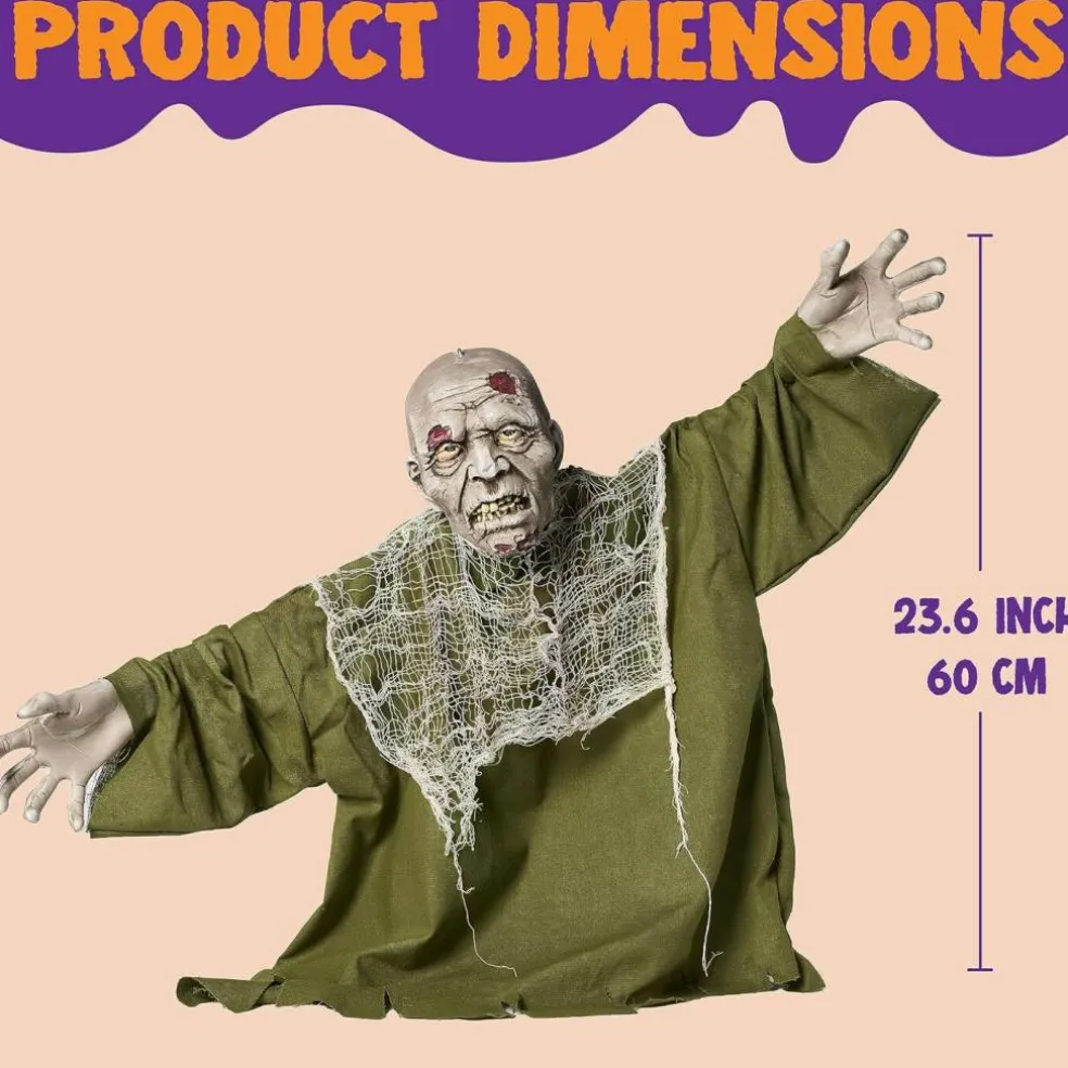 Halloween Animated Zombie Groundbreaker Outdoor Decoration, Animatronic Zombie Prop with Light-Up Eyes & Moving Arms | Sound Activated Halloween Yard Decor for Lawn, Patio, Graveyard, Haunted House & Party Display