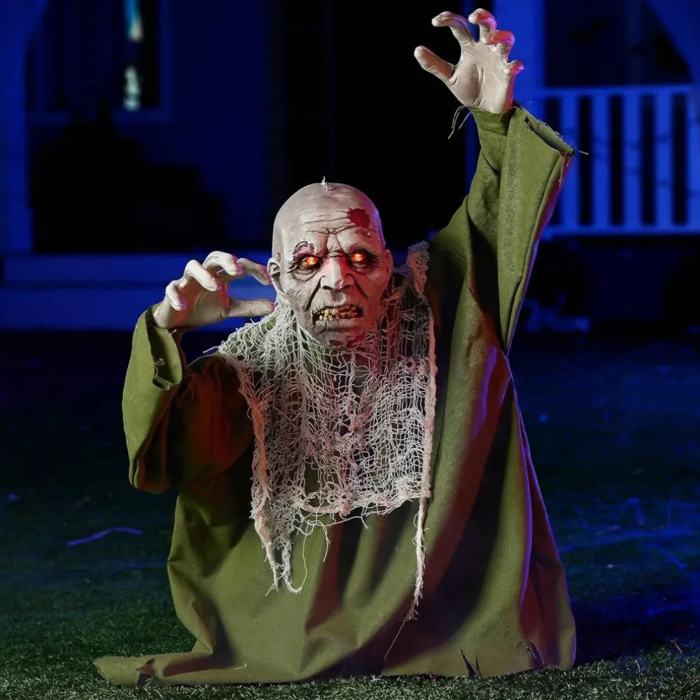 Halloween Animated Zombie Groundbreaker Outdoor Decoration, Animatronic Zombie Prop with Light-Up Eyes & Moving Arms | Sound Activated Halloween Yard Decor for Lawn, Patio, Graveyard, Haunted House & Party Display