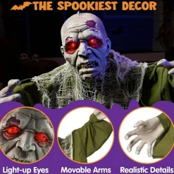 Halloween Animated Zombie Groundbreaker Outdoor Decoration, Animatronic Zombie Prop with Light-Up Eyes & Moving Arms | Sound Activated Halloween Yard Decor for Lawn, Patio, Graveyard, Haunted House & Party Display