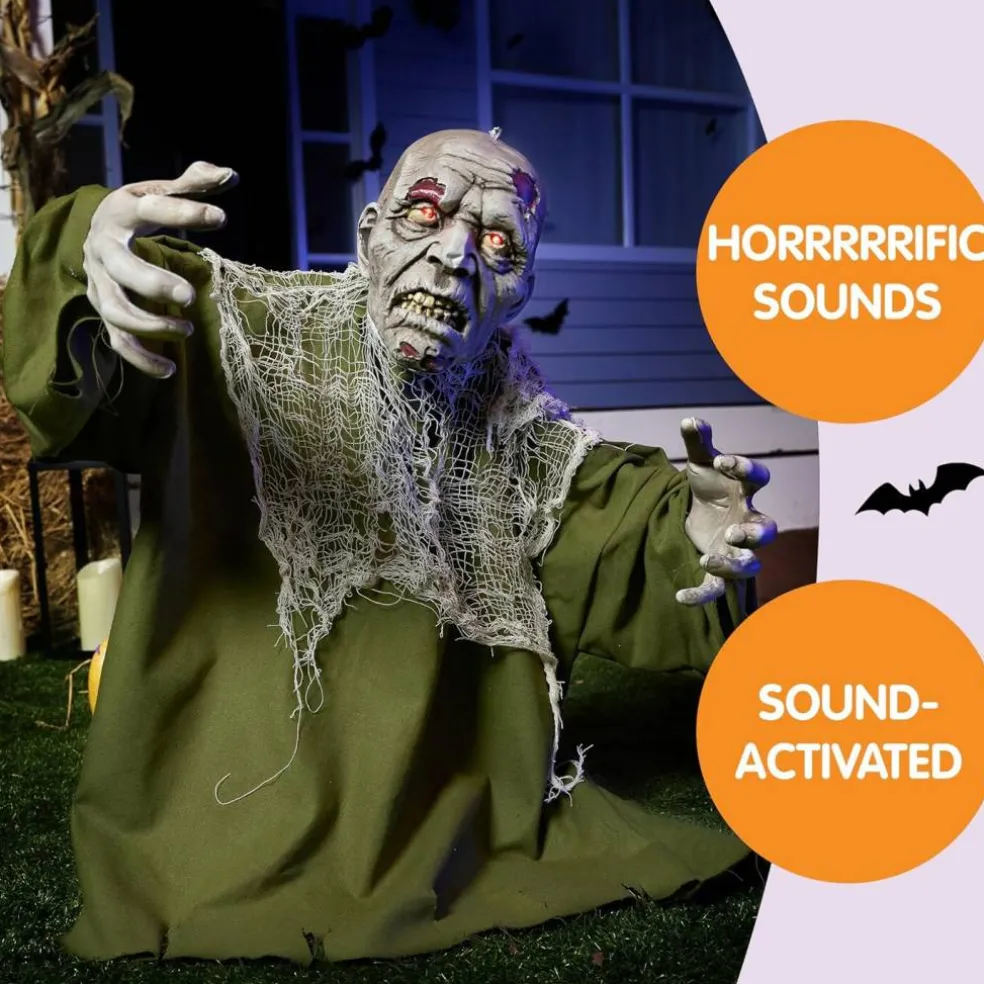 Halloween Animated Zombie Groundbreaker Outdoor Decoration, Animatronic Zombie Prop with Light-Up Eyes & Moving Arms | Sound Activated Halloween Yard Decor for Lawn, Patio, Graveyard, Haunted House & Party Display