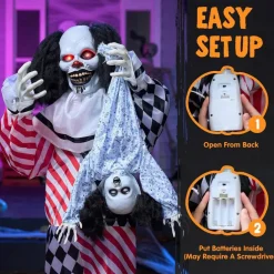 Halloween Animatronic Clown Holding Doll, 64" Life-Size Animated Clown with Motion, Sound & Light, IR Sensor Activated Creepy Clown Decoration for Haunted House, Yard, Lawn & Halloween Party