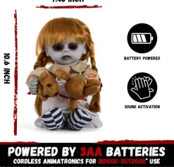 Halloween Animatronic Creepy Girl Doll, 10 Inch Sound Activated Horror Prop with Light Up Eyes & Moving Mouth, Spooky Animated Halloween Decoration for Indoor Outdoor Haunted House Display