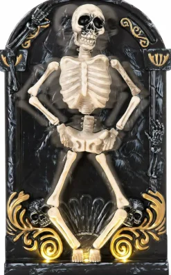 Halloween Animatronic Dancing Skeleton with Light-Up Tombstone, Motion Activated Singing Skeleton Prop with Music, Posable Arms & Legs, Haunted House Horror Decor for Indoor Outdoor Yard Party