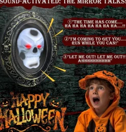 Halloween Animatronic Haunted Mirror Decoration, Talking Magic Mirror Prop with Motion Sensor & Light Effects | Skull Mirror with Creepy Sounds, Glowing Eyes, Wall Mounted Horror Decor for Haunted House, Party & Indoor Outdoor Display