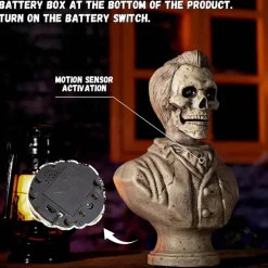 Halloween Animatronic Talking Stone Statue, Motion & Sound Activated Moving Mouth Prop with Creepy Voice & Glowing Yellow Eyes, 15 Inch Haunted House Decor for Table, Yard, Lawn & Party