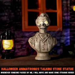 Halloween Animatronic Talking Stone Statue, Motion & Sound Activated Moving Mouth Prop with Creepy Voice & Glowing Yellow Eyes, 15 Inch Haunted House Decor for Table, Yard, Lawn & Party