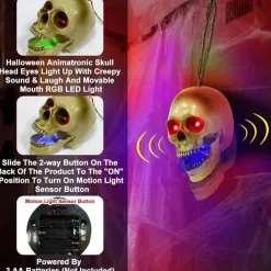 Halloween Animatronic Talking Skull Head, Motion & Voice Activated Hanging Skull with Touch Sensor, Red LED Eyes & RGB Light-Up Mouth, Creepy Sound Effects for Indoor Outdoor Haunted House Decor