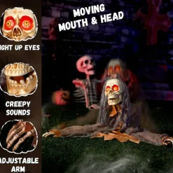Halloween Animatronic Zombie Groundbreaker, Animated Rising Zombie Prop with Moving Head & Body, Voice Activated with Red Light-Up Eyes & Creepy Sounds, Haunted House Graveyard Yard Decor