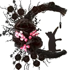Halloween Black Cat Moon Wreath with LED Lights, 14" × 16" Crescent Moon Grapevine Door Wreath for Front Door, Spooky Indoor Outdoor Halloween Wall Decor for Haunted House, Party & Fall Home Decorations