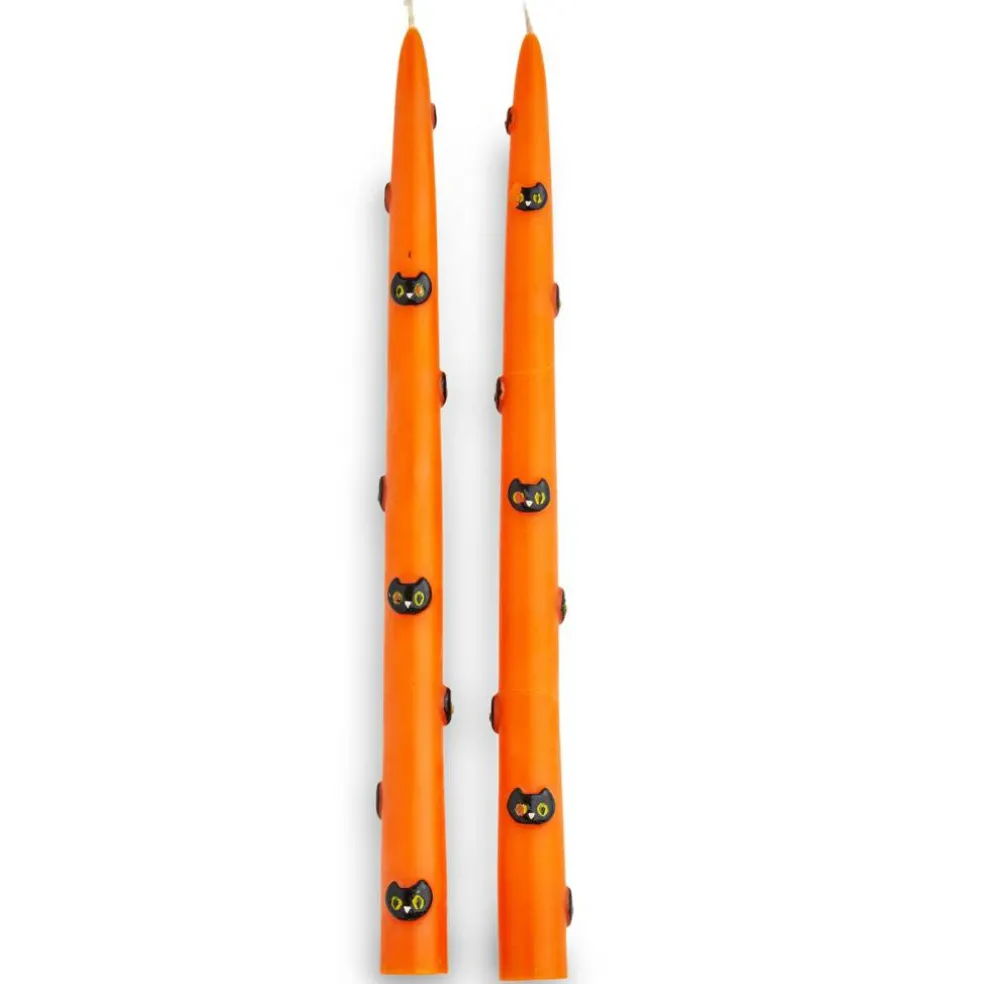 Halloween Black Cats Hand Painted Taper Candles Orange Multi 2-Pack 12in