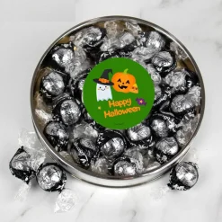 Halloween Candy Gift Tin with Chocolate Lindor Truffles by Lindt Large Plastic Tin with Sticker By Just Candy - Cuties