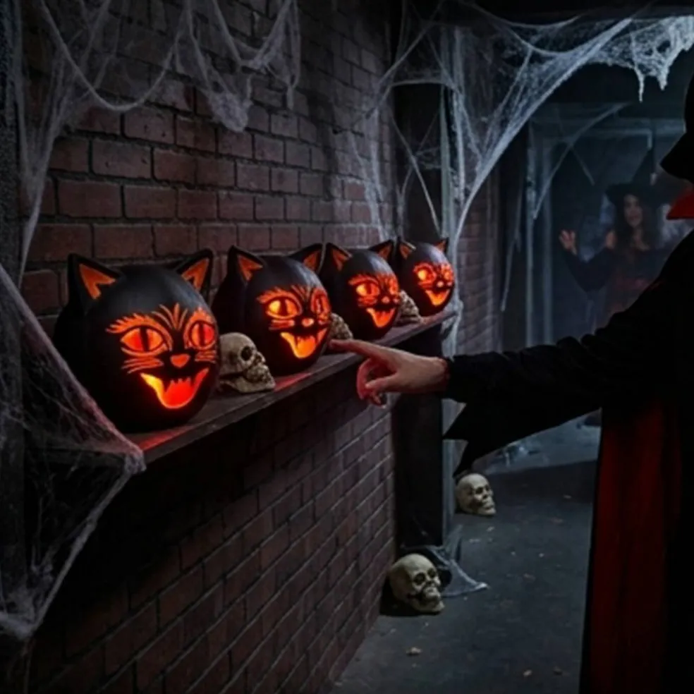 9'' Halloween Classics Plug-In LED Black Cat Jack-O-Lantern
