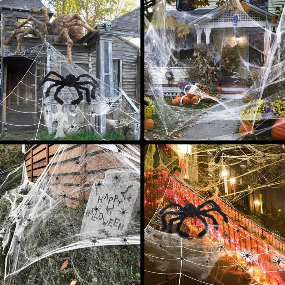 Halloween Decorations - 295" Halloween Spider Web Decorations Outdoor + 59" Giant Fake Spider with Triangular Huge Spiders Web