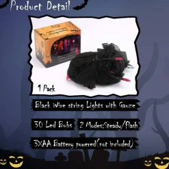 Halloween Decorations String Lights Red Indoor 30LED with Black Gauze Timer, 2Mode Battery Operated 9.9Ft Creepy Cloth Spooky Lights, Gothic Party Room Decor (1PACK