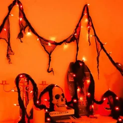 Halloween Decorations String Lights Indoor Battery Operated Powered, 30LED Orange Fairy Lights Timer 8 Mode 9.9Ft, Fall Garland with Black Cloth Gauze, Gothic Party Room Mental Fireplace Decor 1PACK