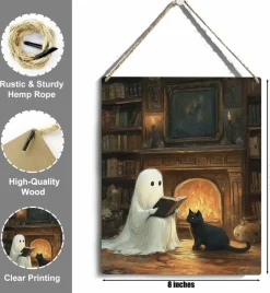 Halloween Decor Wooden Hanging Sign, Cute Ghost & Black Cat Wall Art Plaque, Spooky Halloween Door Hanger Farmhouse Style Decoration for Front Door, Fireplace, Living Room, Home, Office & Party