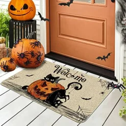 Halloween Door Mats 17x29 Inch, Welcome Mats Outdoor, Halloween Cat Farmhouse Decor，Halloween Doormats for Front Door Decorations