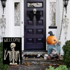 Halloween Garden Flag 12x18 Inch, Double Sided Welcome Skeleton Skull Yard Flag, Black Burlap Outdoor Halloween Decor for Lawn, Garden, Patio, Porch, Mailbox and Front Door