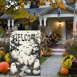 Halloween Garden Flag 12x18 Inch, Ghost Witch Hat Pumpkin Double Sided Burlap Welcome Yard Flag, Spooky Fall Outdoor Decor for Front Yard, Lawn, Garden, Porch, Patio and Entryway