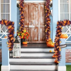 Halloween Garland Decor,33Ft Glitter Tinsel Pumpkin Garland Decorations for Tree Car Golf Cart Parade Float Bike Indoor Outdoor Holiday Home Burnt Orange Black Purple