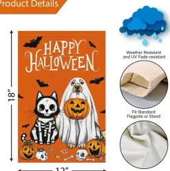 Halloween Ghost Dog Garden Flag 12x18 Inch Double Sided, Burlap Spooky Welcome Fall Yard Flag with Ghost Dog and Bat Design, Seasonal Outdoor Decorations for Lawn Garden Porch Patio House