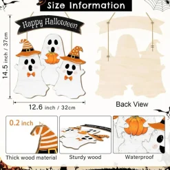 Halloween Ghost Door Sign “BOO” Wooden Hanging Decoration – Happy Halloween Front Door Wreath Style Sign, Pumpkin Ghost Wall & Yard Decor for Indoor Outdoor Party