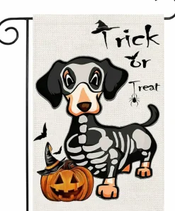 Halloween Trick or Treat Garden Flag, 12 x 18 Inch Double-Sided Ghost Dog and Dachshund Skeleton Yard Flag, Weather and Fade Resistant Outdoor Halloween Decor for Lawn, Garden, Porch, Patio, Deck and Balcony