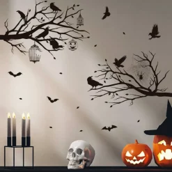 Halloween Wall Decals Black Tree Branch & Crow Stickers, Gothic Peel and Stick Wall Art Mural, Removable Vinyl Halloween Decorations for Bedroom Living Room, Spooky Party Decor for Windows Doors Mirrors