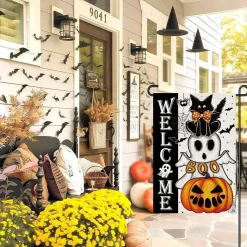 Halloween Welcome Garden Flag 12 x 18 Inch, Double Sided Burlap Black Cat Ghost Pumpkin Yard Flag, Spooky Farmhouse Outdoor Decor for Lawn Porch Patio