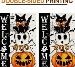 Halloween Welcome Garden Flag 12 x 18 Inch, Double Sided Burlap Black Cat Ghost Pumpkin Yard Flag, Spooky Farmhouse Outdoor Decor for Lawn Porch Patio