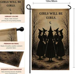Halloween Witch Garden Flag Girls Will Be Girls, Double Sided Spun Polyester Yard Flag, Halloween Outdoor Indoor Decor for Porch Patio Lawn Garden Party Trick or Treat Decoration