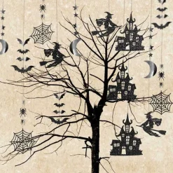 Halloween Witch Garland for Haunted House Decoration Black Glitter Gothic Sticker Decals Star Moon Hanging Streamers Backdrop for Halloween Party Birthday Baby Shower Office Classroom Decor