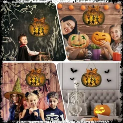 Halloween Wooden Black Cat Door Wreath Sign, Vintage Happy Halloween Hanging Front Door Decoration with Pumpkin and Spider, Rustic Farmhouse Wall Decor for Indoor Outdoor Porch Party